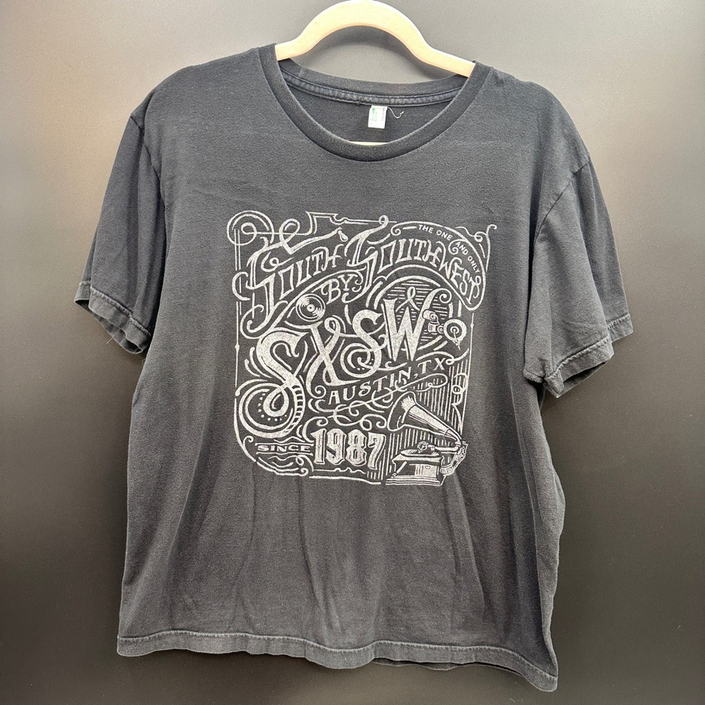 American Apparel SXSW Austin Texas Graphic T-Shirt Mens Large Black Sustainable